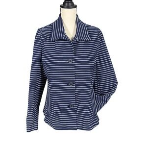 Talbots Womens Navy White Striped Knit Button Front Jacket Blazer Size L